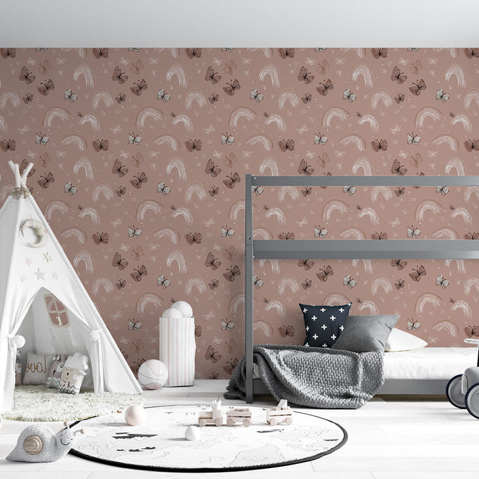 Ročno tapete in metulji | Melodični vzorci metuljev in mavrice na rožnatem ozadju