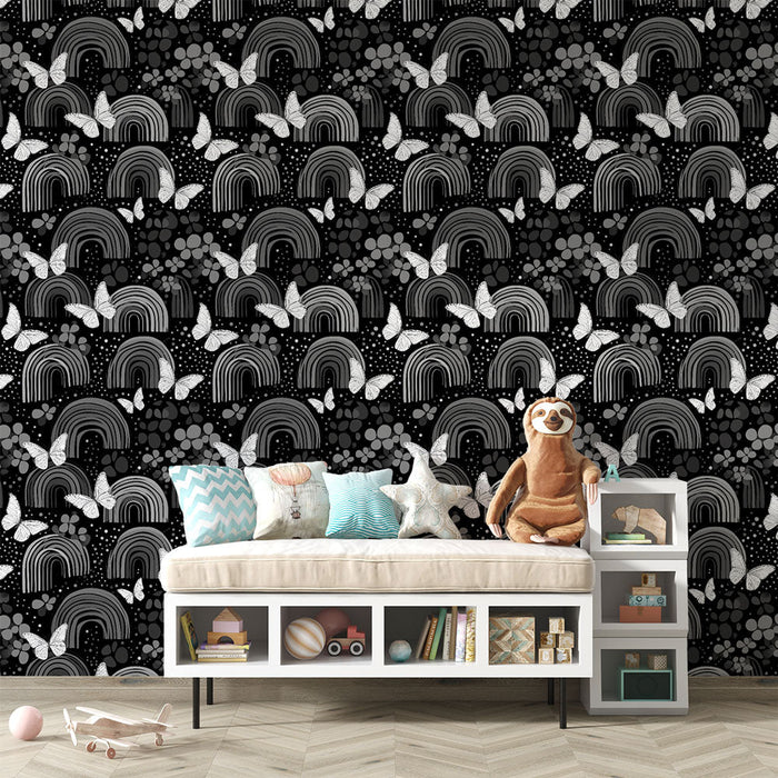 Mural Wallpaper rainbow and butterflies | Vintage patterns of rainbows and white butterflies on a black background