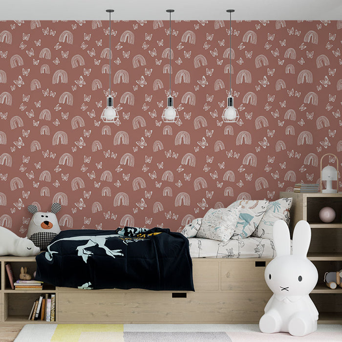 Fotótapéta szivárvány és pillangók | Egy finom pasztell színek mintázata egy terrakotta rózsaszín háttéren