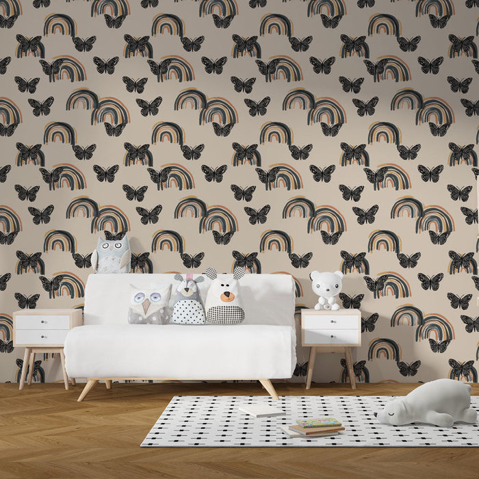 Regenbogen Tapete und Schmetterlinge | Ein fröhliches Muster aus bunten und zarten Motiven
