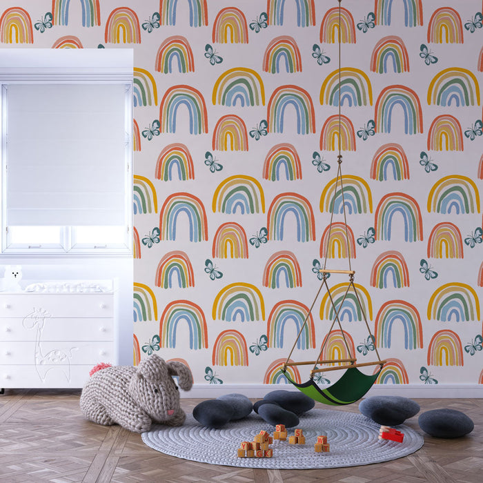 Rainbow Mural Wallpaper | Igriv vzorec pisanih mavric in metuljev