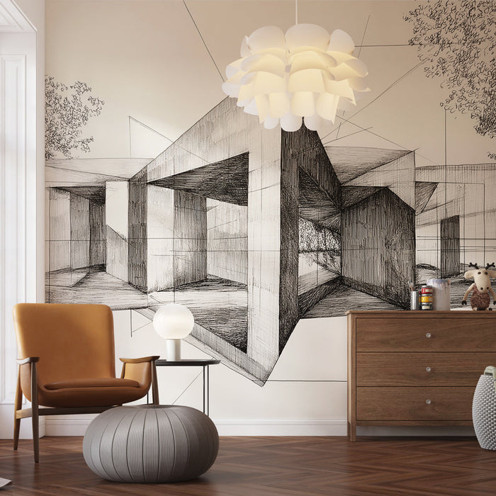 Tapeta současné architektury | Náčrt geometrických struktur v perspektivě