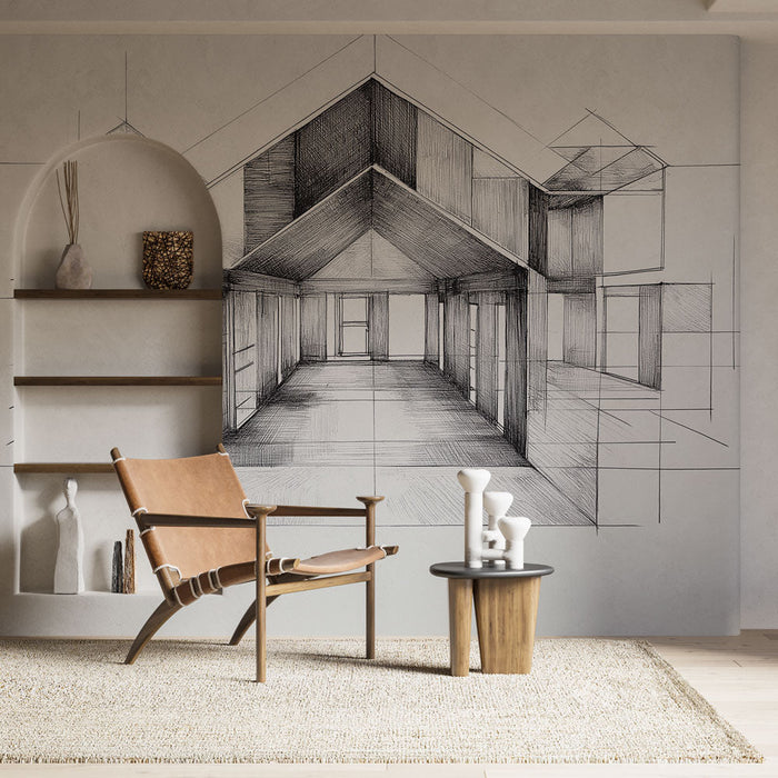 Mural Wallpaper architecture | Minimalist interior sketch in black and white