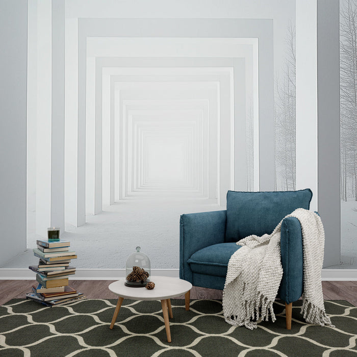 Tapetti minimalistinen arkkitehtuuri | Valkoisten pylväiden kuja talvimaisemassa