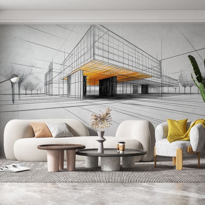Tapet modern arkitektur | Skiss av en samtida byggnad med orange inslag