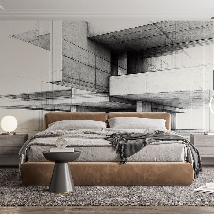 Ταπετσαρία τοιχογραφίας σύγχρονη αρχιτεκτονική | Μινιμαλιστικός γεωμετρικός σχεδιασμός σε μαύρο και άσπρο