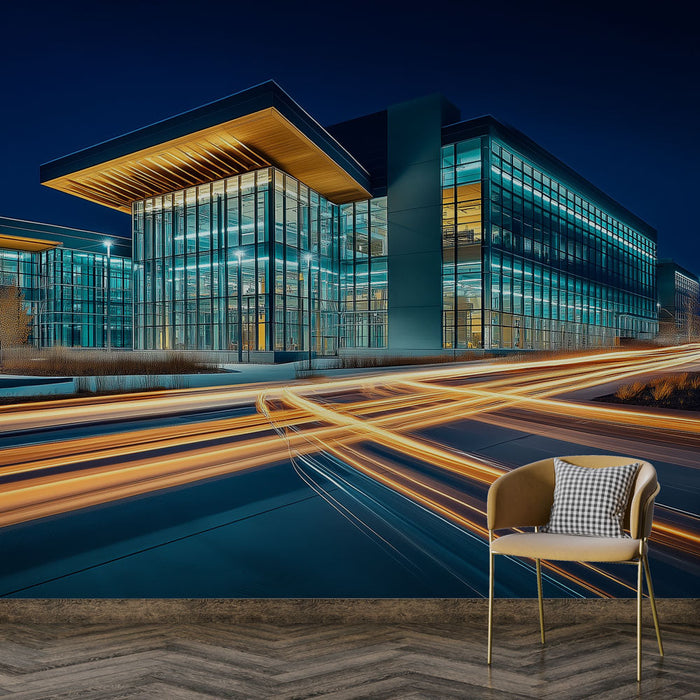 Mural Wallpaper modern architecture | Glass building facade illuminated at night