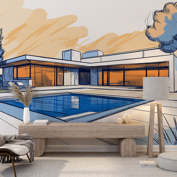 Fototapeet kaasaegne arhitektuur | Stiilne illustratsioon majast basseiniga