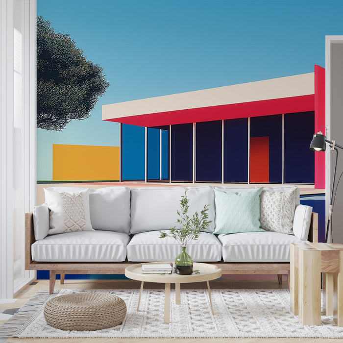 Fotótapéta modern építészet | Kortárs ház élénk színekkel és vízi tükröződésekkel