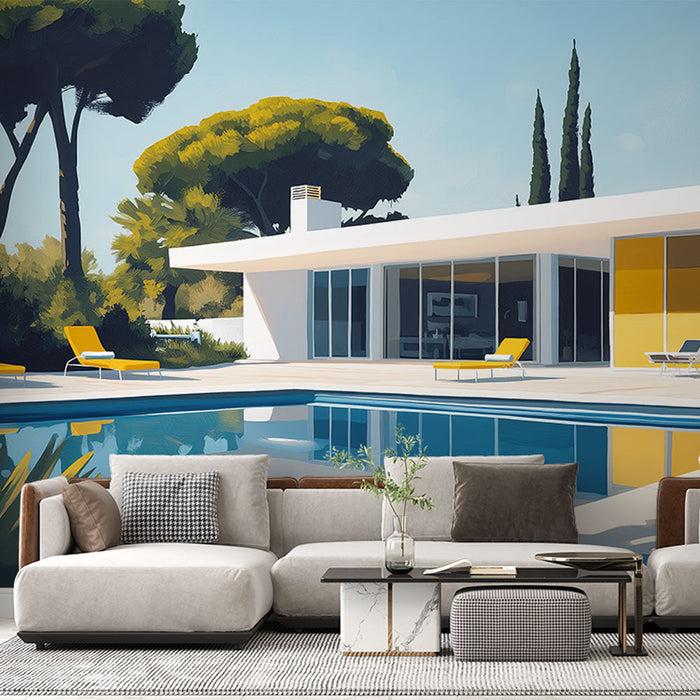 Foto Behang moderne architectuur | Eigentijds huis met zwembad en geel meubilair
