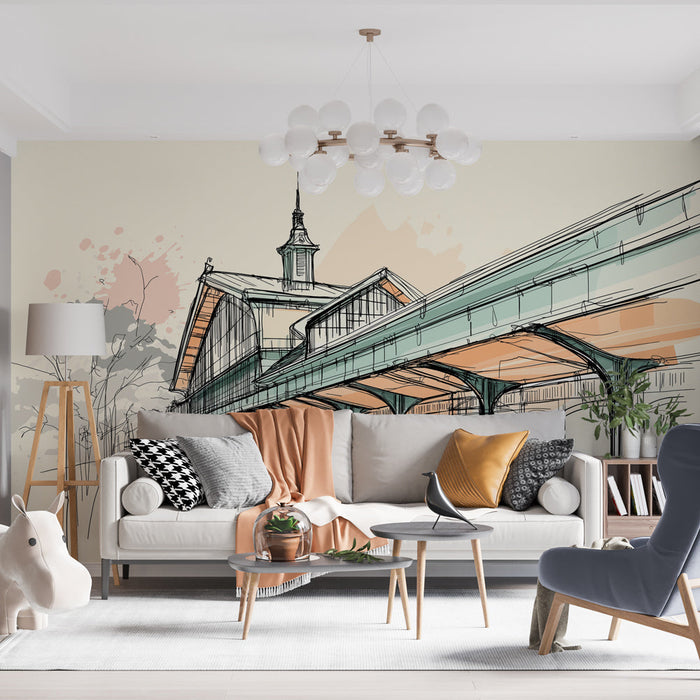 Tapete vintage αρχιτεκτονικής | Κομψό σκίτσο μιας σιδηροδρομικής σταθμού με απαλά χρώματα