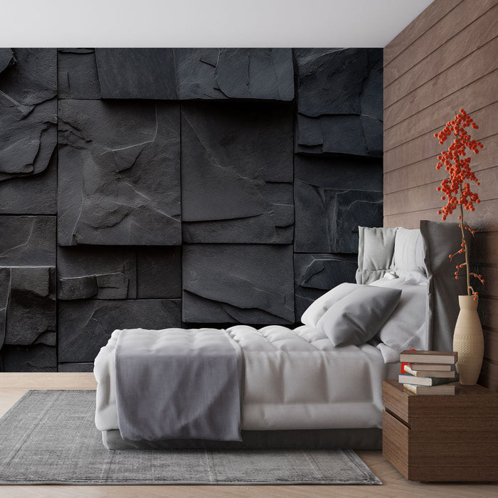 Tapetti musta liuskekivi | Luonnollinen tekstuuri lomittuvista kivistä