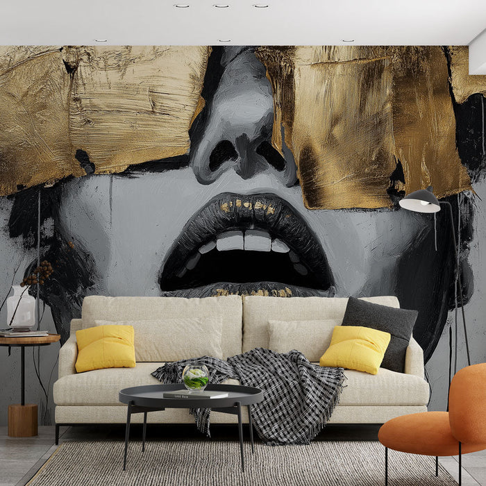 Mural Wallpaper abstract art | Stylized face with golden touches