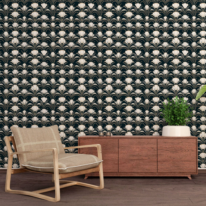 Fototapet art déco | Mønster av stiliserte blader på svart bakgrunn