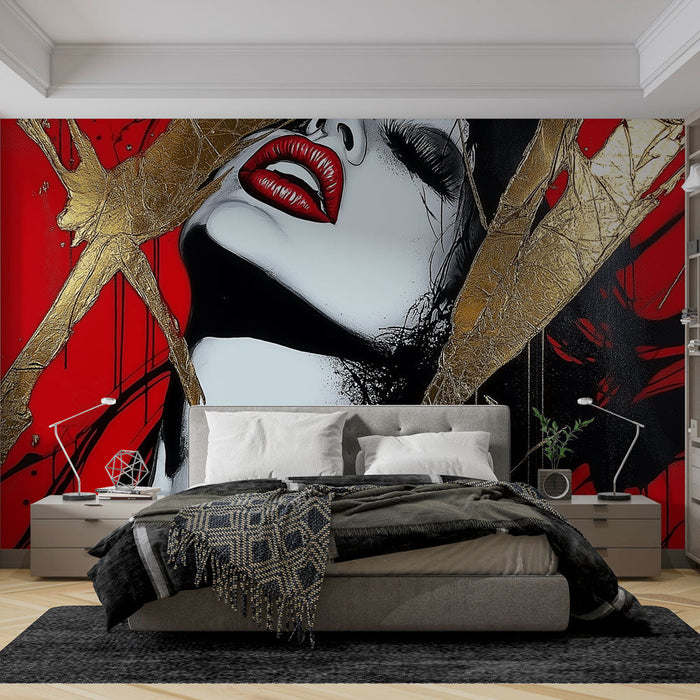 Μουραλ Γουολπεϊπερ Μοντέρνα Τέχνη | Καλλιτεχνικό Πορτρέτο με Χρυσά και Κόκκινα Σχέδια