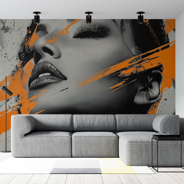 Ταπετσαρία τοίχου | Στυλιζαρισμένο Πορτρέτο σε Μαύρο και Πορτοκαλί