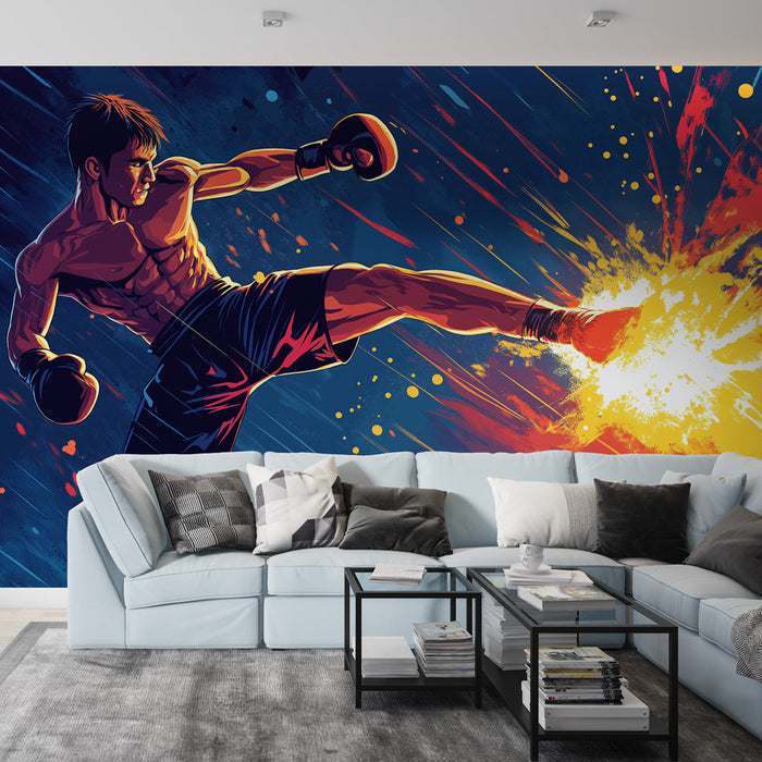 Tapet arte marțiale | Ilustrație dinamică a unui boxer în acțiune cu efecte de lumină uimitoare