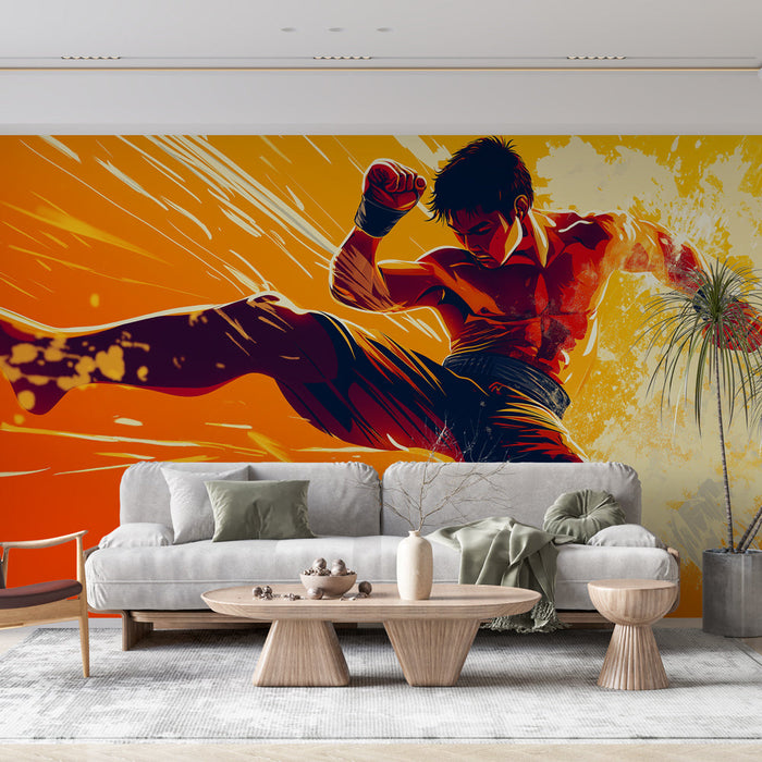 Mural Wallpaper martial arts | A dynamic fighter launching into a powerful movement