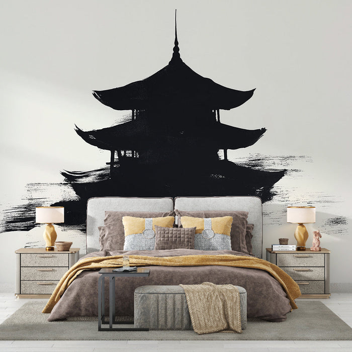 Papel pintado asiático | Pagoda estilo tinta china