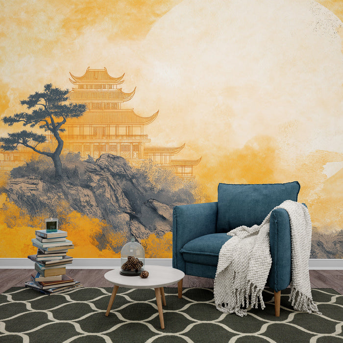 Asiatische Fototapete | Berglandschaft mit Pagode und goldenem Sonnenuntergang