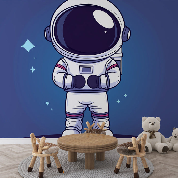 Foto Behang cartoon astronaut | Een schattige astronaut op een sterrenachtergrond