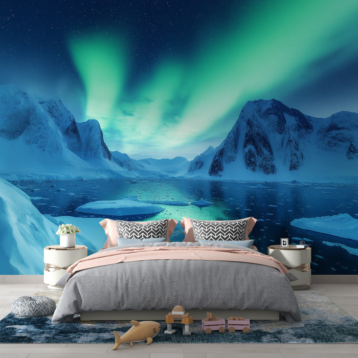 Foto Behang aurora borealis | Icy landscape with dancing light