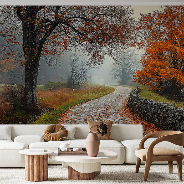 Tapete herbstlich | Gewundener Weg umgeben von Bäumen mit goldenen Blättern