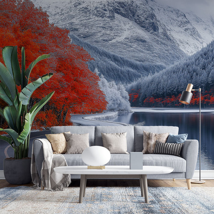 Tapeta pro podzim | Lesní krajina s plápolajícími listy a klidným jezerem