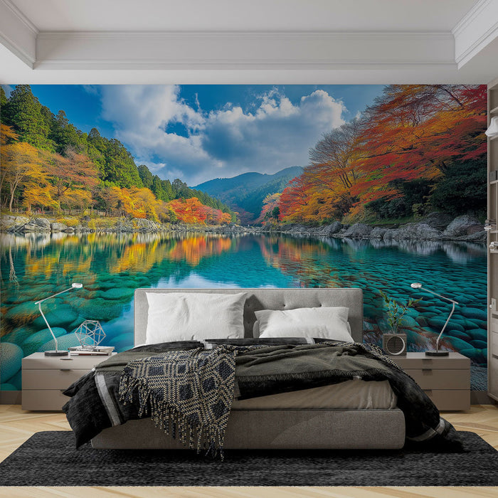 Mural Wallpaper autumnal | Lake landscape with brightly colored trees