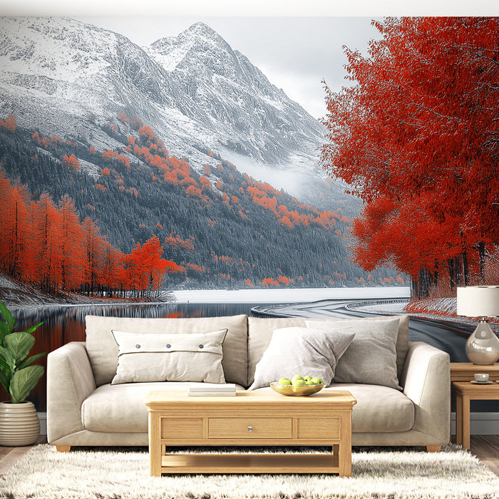 Tapet Autumnal | Peisaj montan cu copaci roșii strălucitori