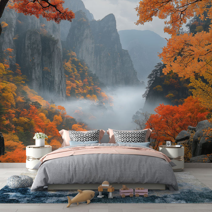 Mural Wallpaper autumnal | Landscape of misty valleys with trees with flaming foliage