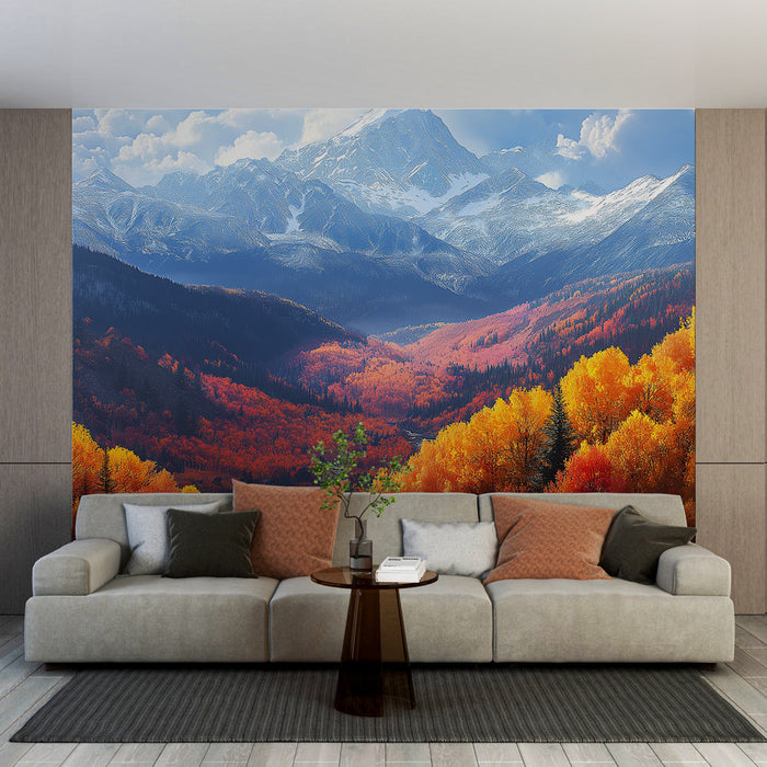 Mural Wallpaper autumnal | Mountainous landscape with vibrant orange and red leaves