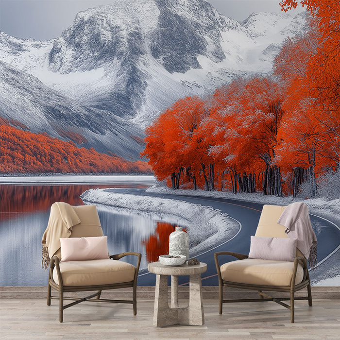 Tapete | Kurvenreiche Straße umgeben von Bäumen mit leuchtend roten Blättern