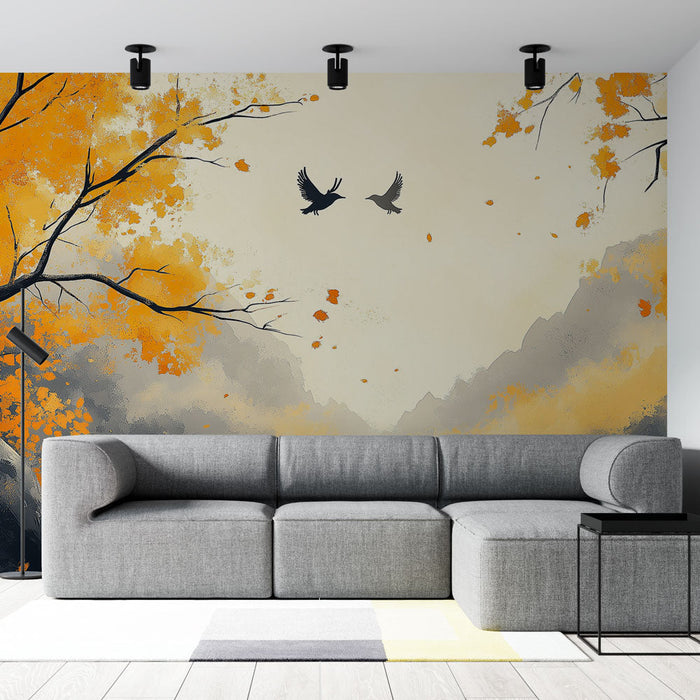 Mural Wallpaper autumnal | Peaceful scene with golden foliage and birds in flight