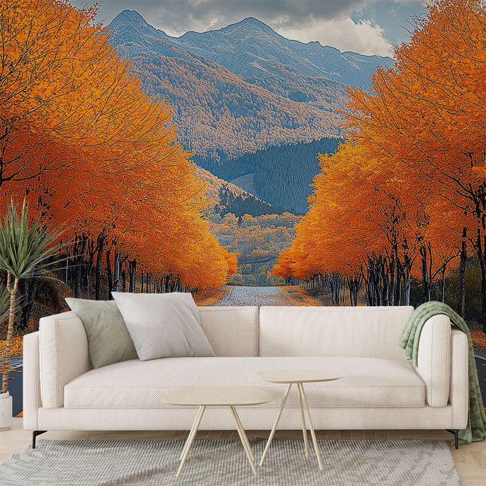 Tapeta podzim | Cesta lemovaná stromy s zlatými listy