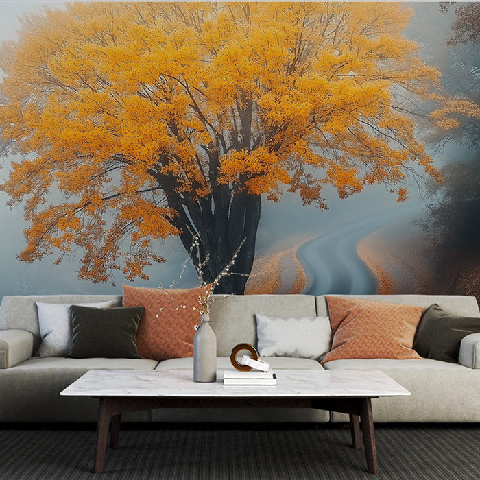 Papel pintado otoño | Árbol con hojas doradas bajo la niebla