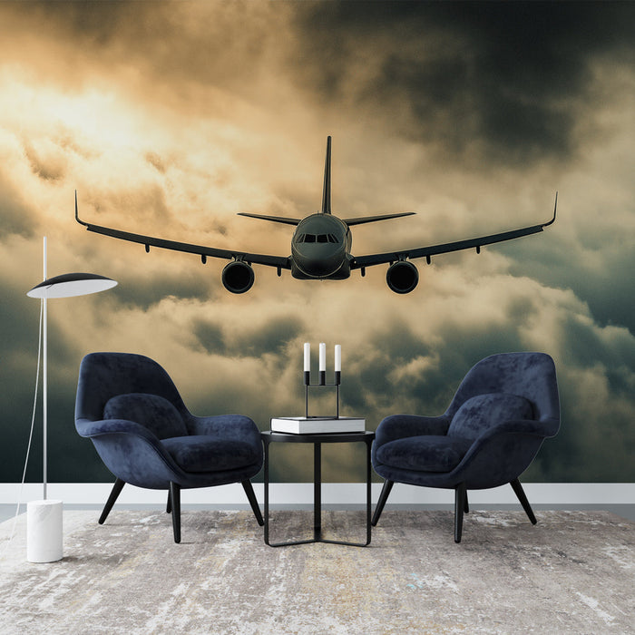 Papel de parede de avião | Avião cruzando um céu nublado com luz dourada