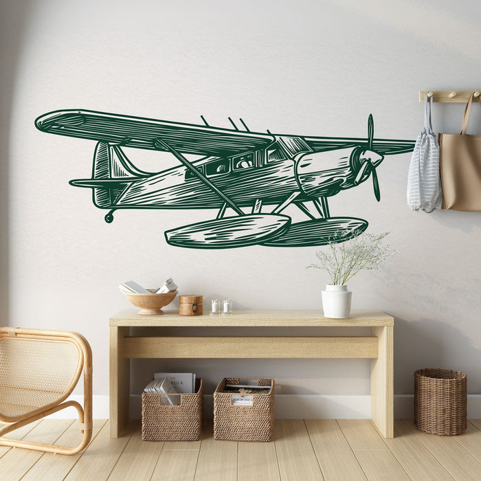 Mural Wallpaper classic airplane | Vintage illustration of a seaplane in flight