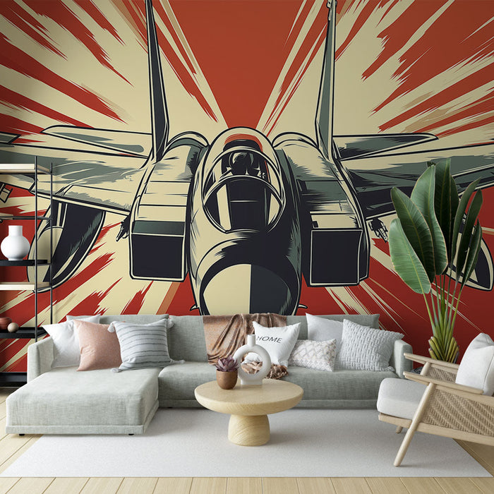 Papel pintado fighter jet | Diseño retro con un avión de combate en plena acción