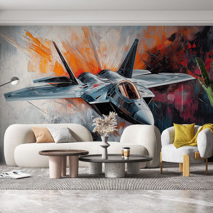 Mural Wallpaper fighter jet | Dynamic illustration of a fighter jet on an explosive background