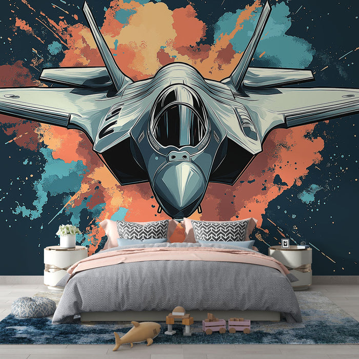 Mural Wallpaper fighter jet | Dynamisk illustrasjon av et moderne fly på en fargerik bakgrunn