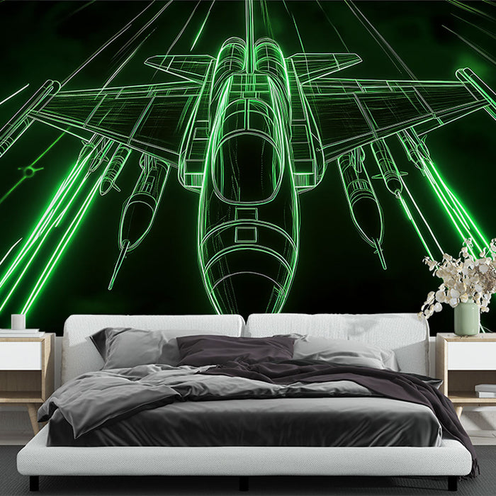 Papel pintado futurista avión | Diseño lineal de un jet con efectos de luz verde