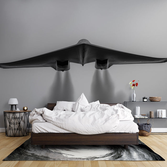 Mural Wallpaper futuristisk fly | Silhuett av et fly med en aerodynamisk form i en disig himmel