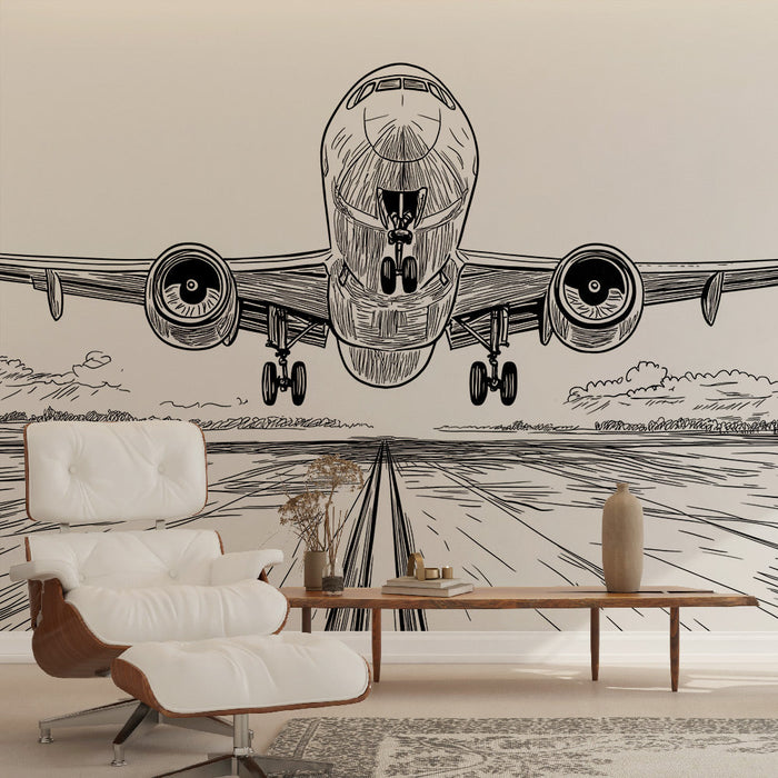 Papel de parede de avião | Ilustração estilizada de um avião em voo em uma pista