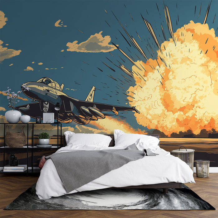 Mural Wallpaper military airplane | Fighter jet in action with spectacular explosion