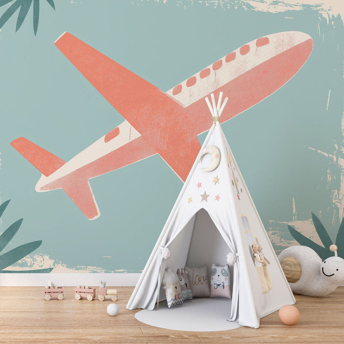 Mural Wallpaper airplane | Airplane pattern in pastel shades on a tropical background