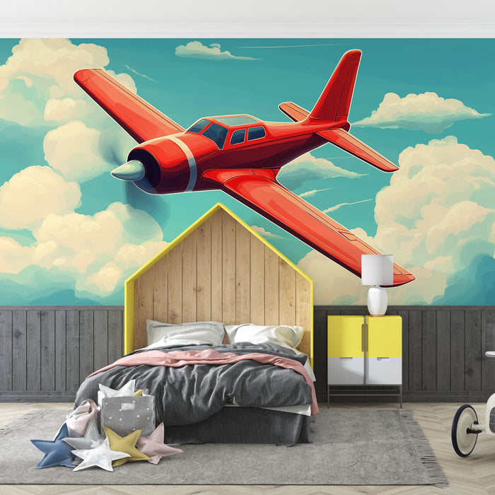 Mural Wallpaper red plane | Retro plane on a cloudy background