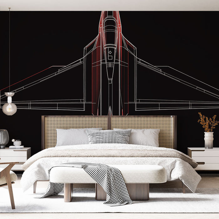 Фототапет стилизиран самолет | Минималистичен дизайн на изтребител в бели линии на черен фон