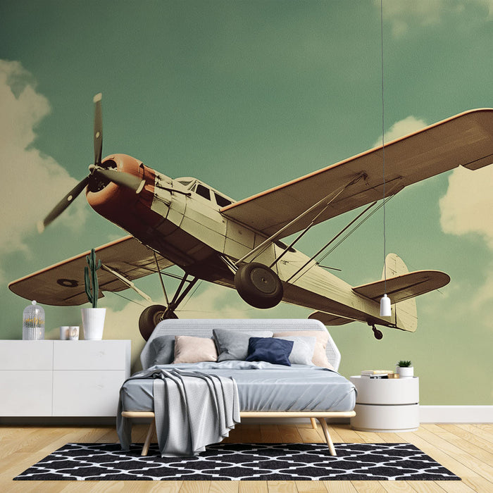 Papel pintado avion vintage | Avion clásico en un cielo azul