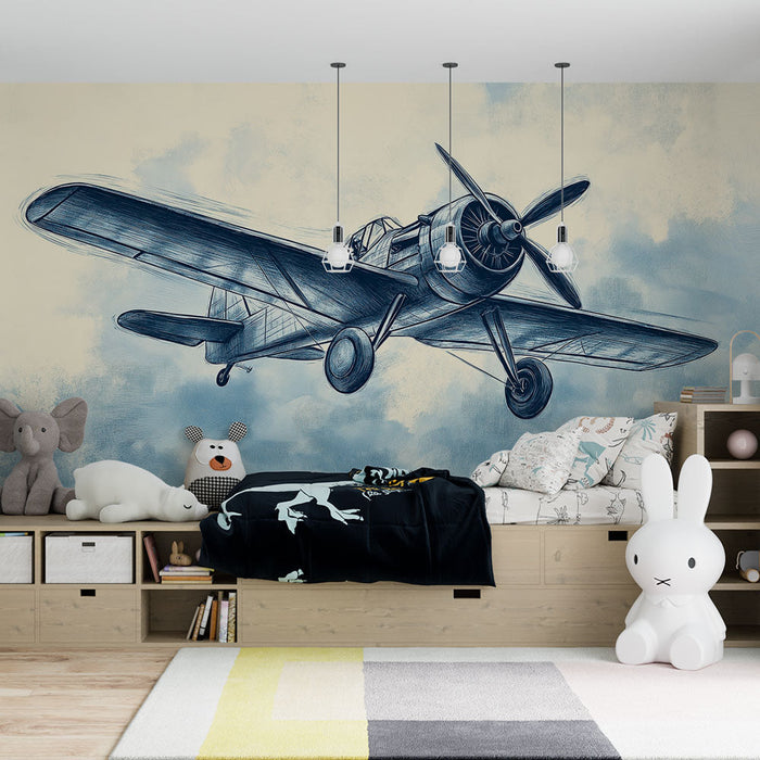 Mural Wallpaper vintage airplane | Illustration of a classic airplane in flight